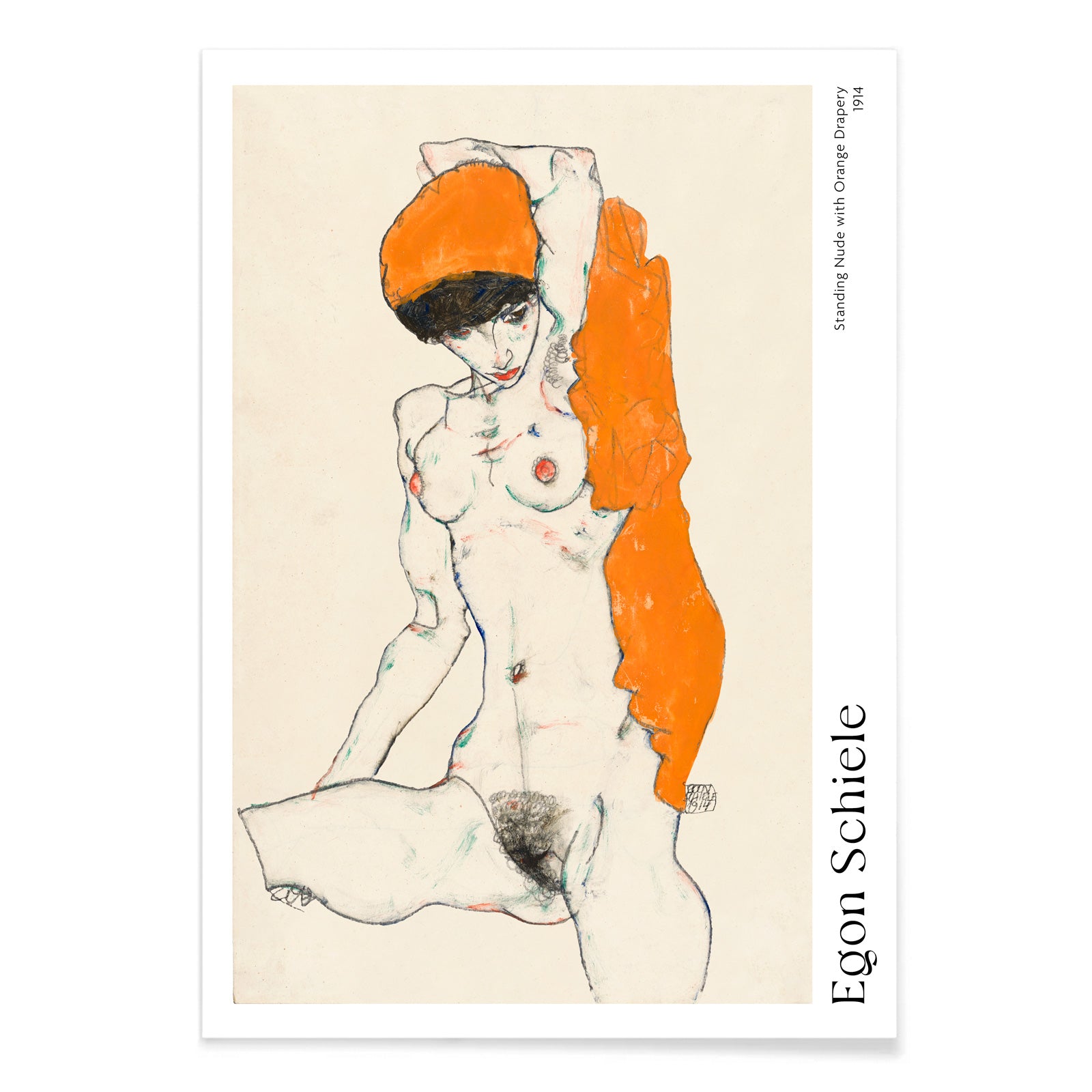 Standing Nude with Orange Drapery by Egon Schiele poster showing a nude woman with orange drapery on her head and side, with black aluminium frame on white background