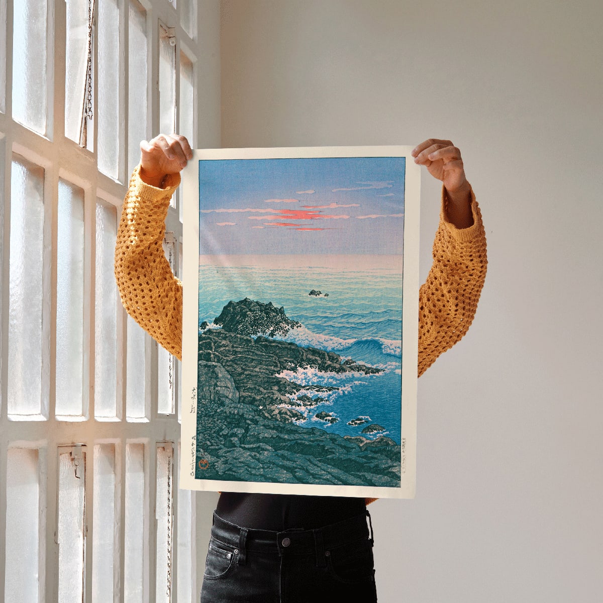 Morning at Cape Inubo by Kawase Hasui seascape with waves crashing on rocky shore at sunrise coastal scene poster, framed and displayed in home decor