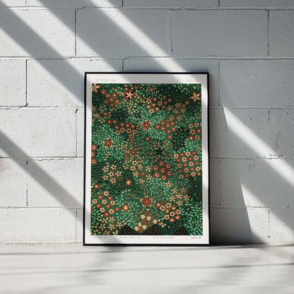 Floral pattern artwork poster by GA Audsley from The Ornamental Arts Of Japan featuring intricate vibrant green and red designs, framed and displayed in modern living room decor