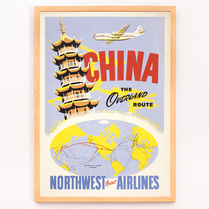 Closeup detail of Vintage travel poster of China featuring a pagoda airplane and world map promoting the overland route by Northwest Orient Airlines