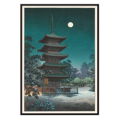 Asakusa Kinryuzan Temple pagoda at night with full moon by Tsuchiya Koitsu from Sketches of Famous Places in Japan poster, with black aluminium frame on white background
