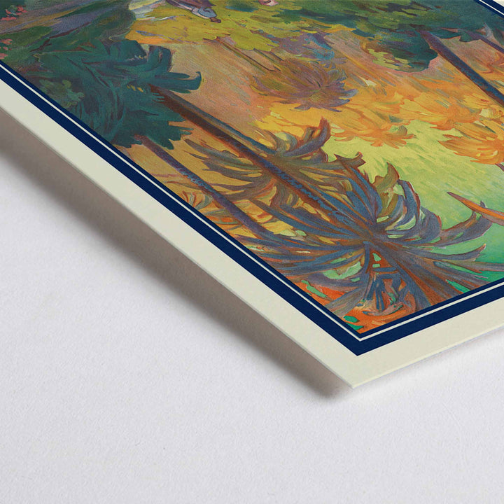Closeup detail of Oasis de Nefta poster by Joseph de La Nézière with lush palm oasis, warm sunset light, figures and winding stream