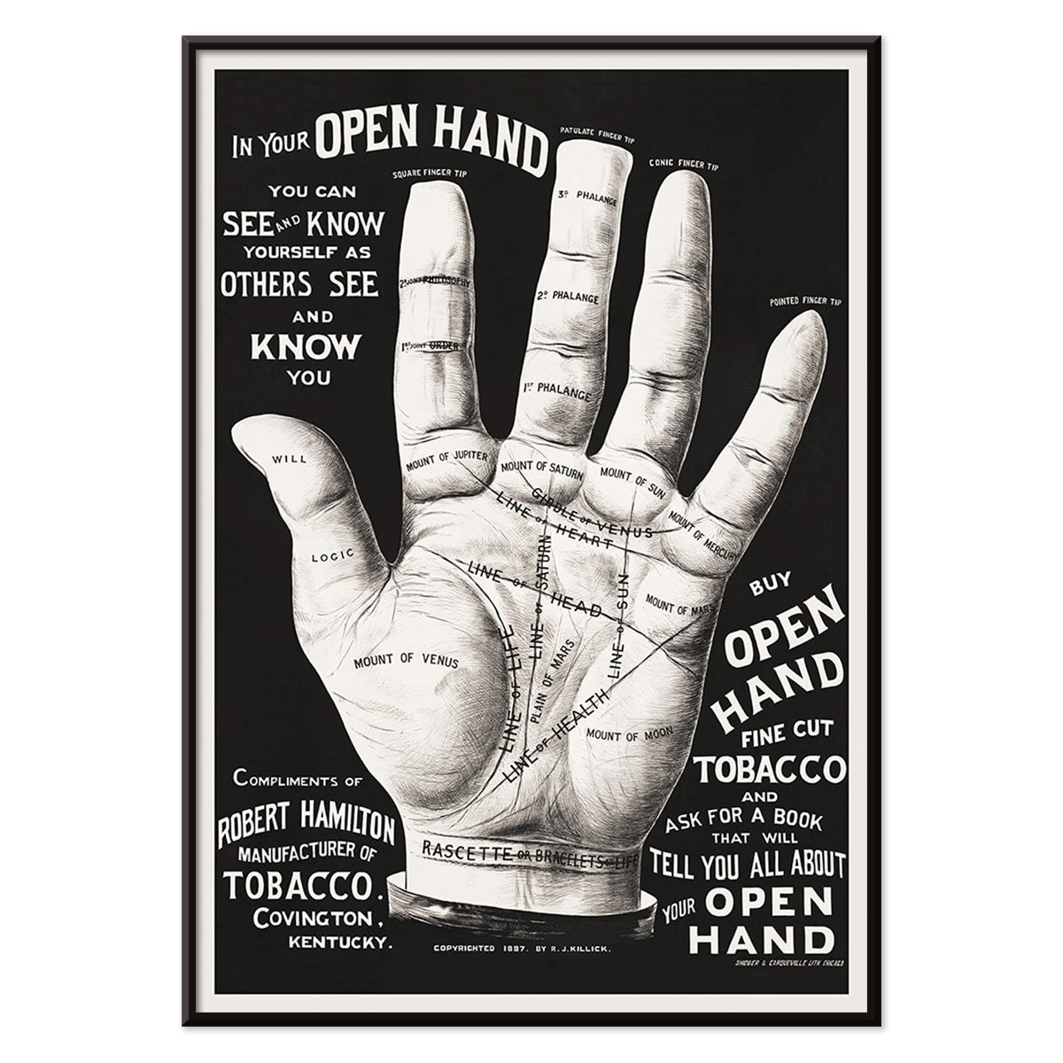 Palm reading diagram and detailed palm poster with labeled lines and mounts artwork titled Open hand by R J Millock and J Halleck, with black aluminium frame on white background