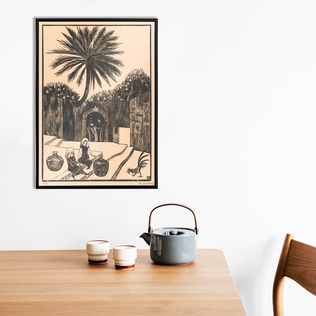 Street with steps in Taormina Sicily featuring palm tree two women with jugs and figures outdoor scene artwork by Bernard Essers, framed and displayed in home decor