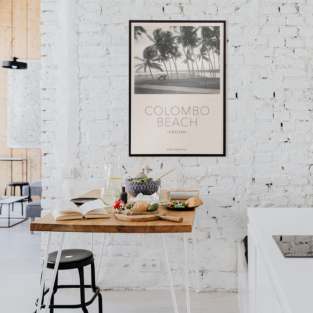 Colombo Beach Ceylon poster with palm trees and empty bench artwork by AWA Plate and Co ideal for wall decor and travel themes, framed and displayed in home decor
