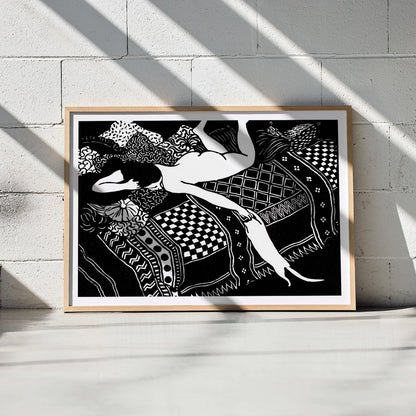 La Paresse by Felix Emile-Jean Vallotton painting of a woman reclining on a patterned bed with a cat stretching beside her art poster, framed and displayed in modern living room decor