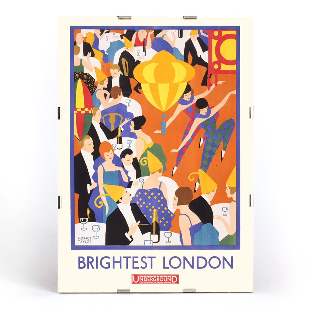 Colorful lively party scene with elegantly dressed dancing couples by Horace Taylor titled Brightest London and home by Underground poster, framed and displayed in modern living room decor