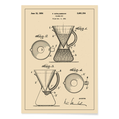Vintage technical drawing and poster of coffee filter pot patent by P Schlumbohm with schematic and design details, with black aluminium frame on white background