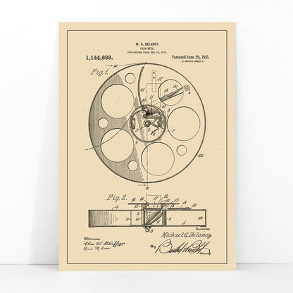 Vintage film reel patent illustration and schematic artwork by M G Delaney for wall art decor, framed and displayed in modern living room decor