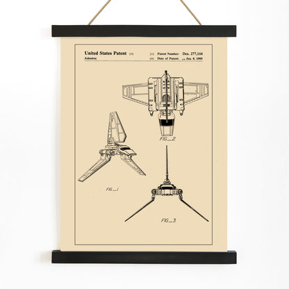 Technical drawings and vintage poster of Star Wars Imperial Shuttle patent artwork by Joe Johnston, with wooden magnetic frame on white background
