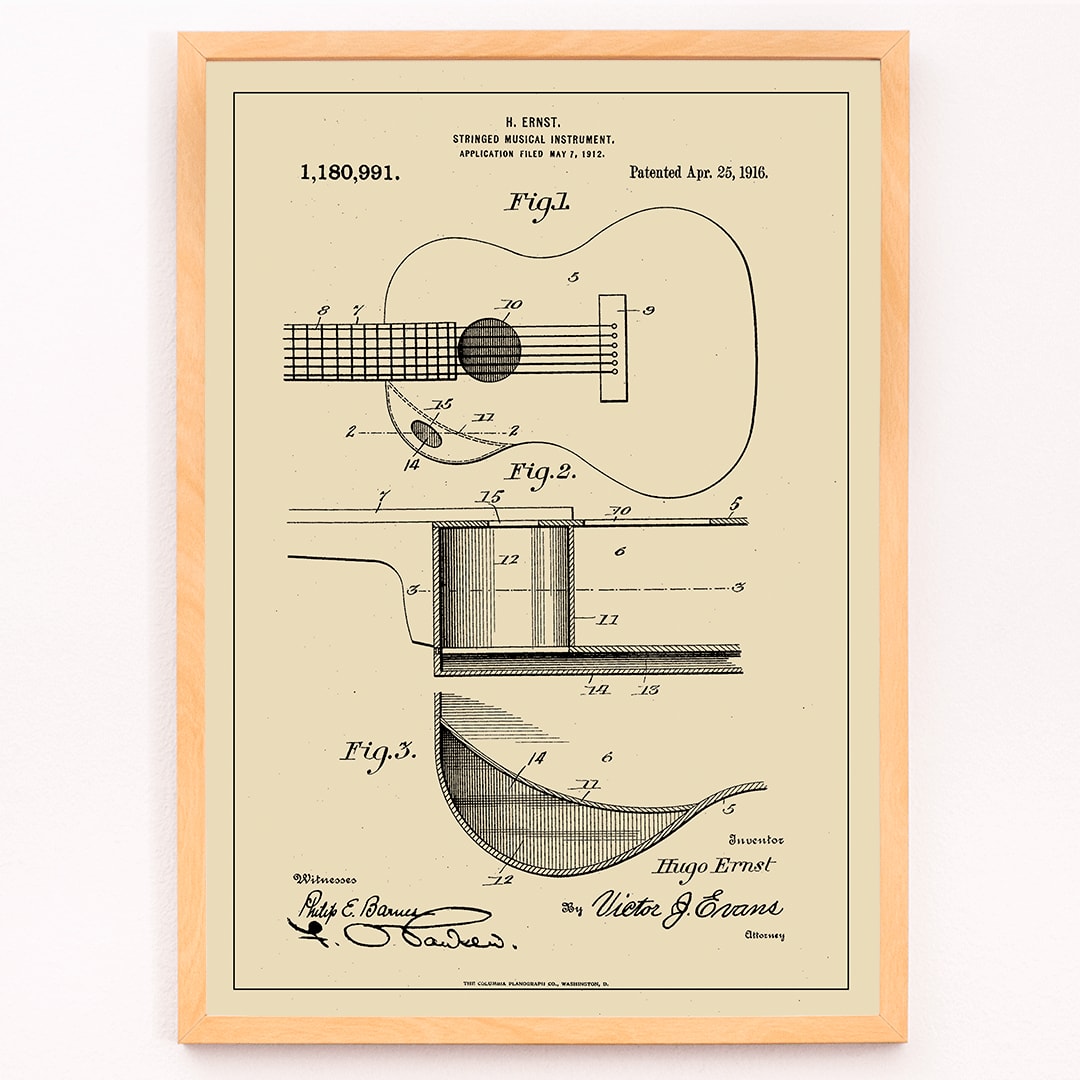 Musical Instrument Patent by H Ernst with detailed technical drawings of a stringed instrument and guitar patent illustration poster, framed and displayed in modern living room decor