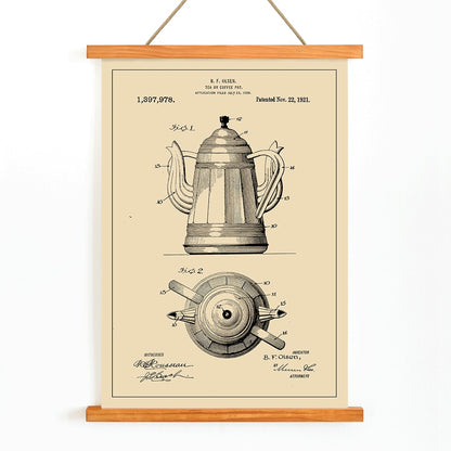 Patent illustration and technical drawing poster of tea or coffee pot by B F Olsen with detailed views and patent information, with wooden magnetic frame on white background
