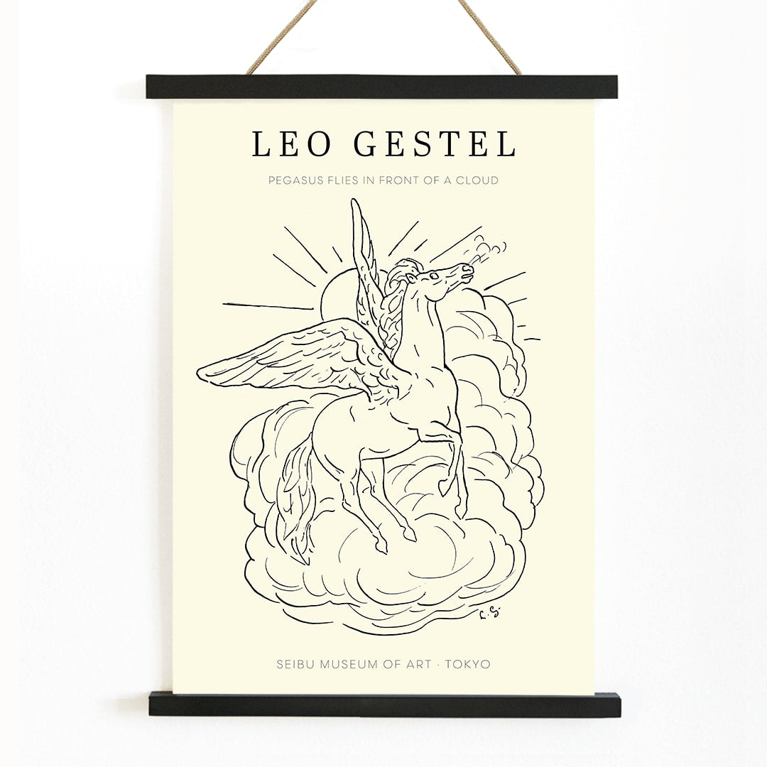 Pegasus flying in front of clouds line drawing illustration by Leo Gestel poster, with wooden magnetic frame on white background