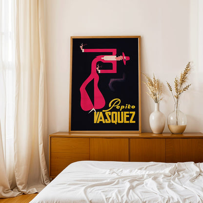 Abstract figure in bright colors pink and red on black background Pepito Vasquez by Tito Livio De Madrazo poster, framed and displayed in home decor