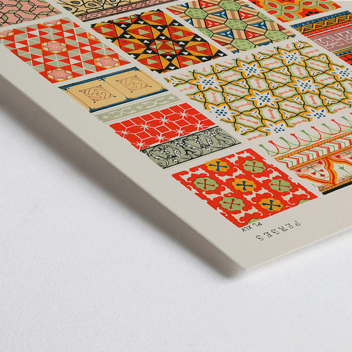 Closeup detail of Poster of Persian 2 vintage pattern from Grammar of Ornament by Owen Jones with intricate and colorful geometric designs