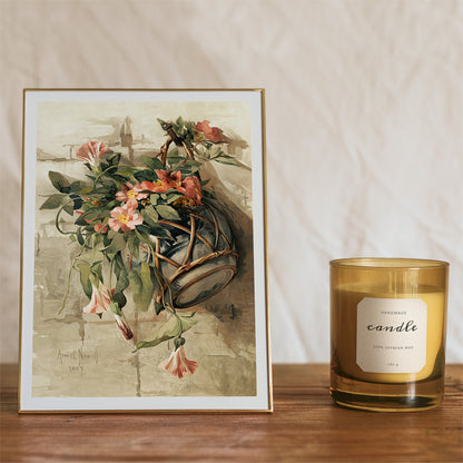Pink flowers in a hanging vase still life painting by Annie Nowell featuring delicate blooms in a rustic container against a neutral background, framed and displayed in home decor