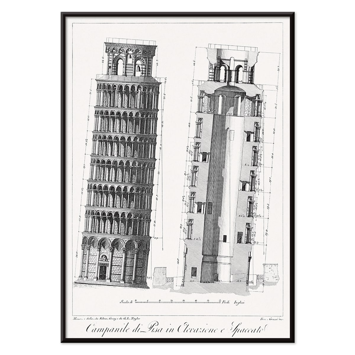 Architectural illustration and poster of the Leaning Tower of Pisa Campanile di Pisa by GL Taylor featuring elevations and section views, with black aluminium frame on white background