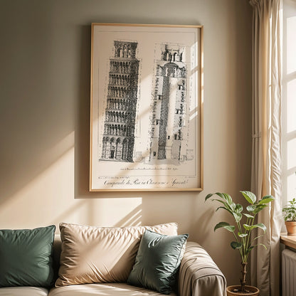 Architectural illustration and poster of the Leaning Tower of Pisa Campanile di Pisa by GL Taylor featuring elevations and section views, framed and displayed in modern living room decor