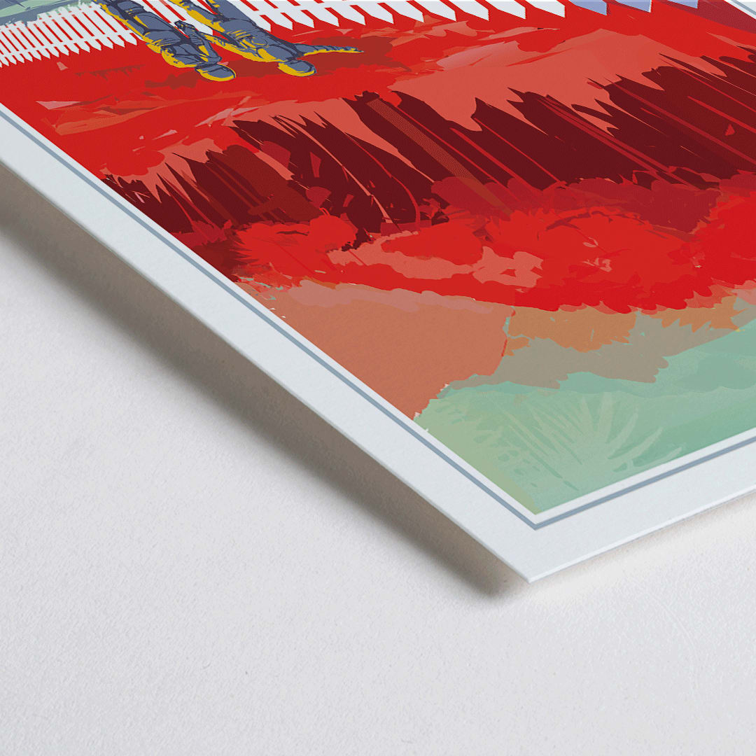 Closeup detail of Two astronauts on Kepler-186f with red grass and trees NASA artwork poster wall decor