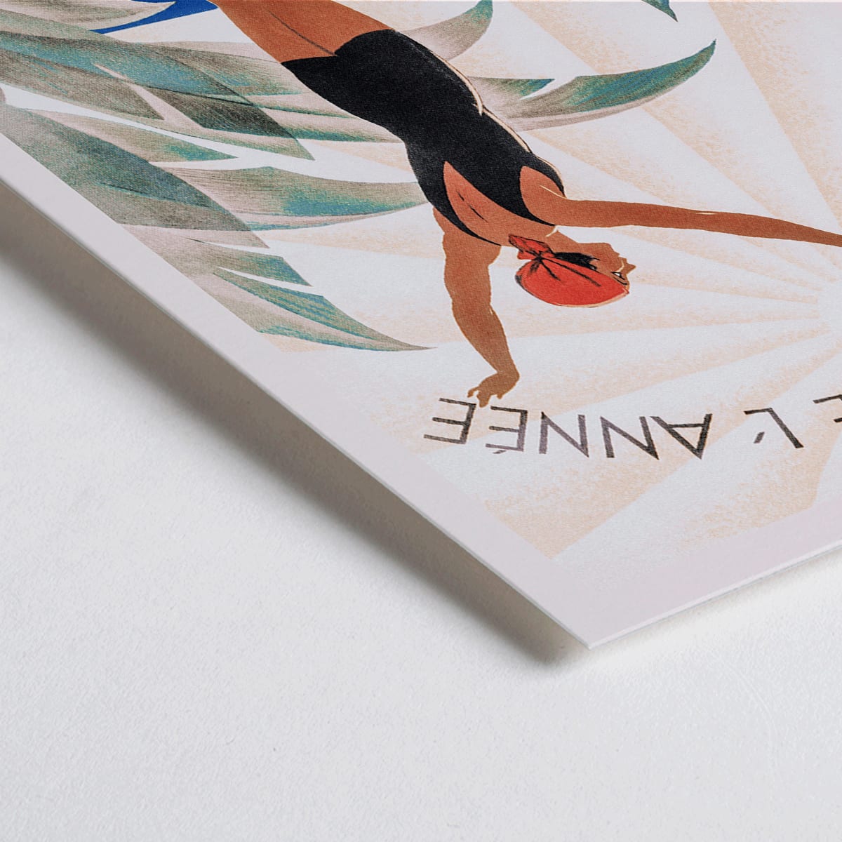 Closeup detail of Woman in swimsuit enjoying sunny beach scenery surrounded by flowers Cote dAzur artwork by Roger Broders