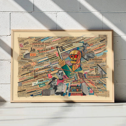 Political collage with newspaper clippings geometric figure and skull by Karl Wiener titled Political collage poster, framed and displayed in modern living room decor