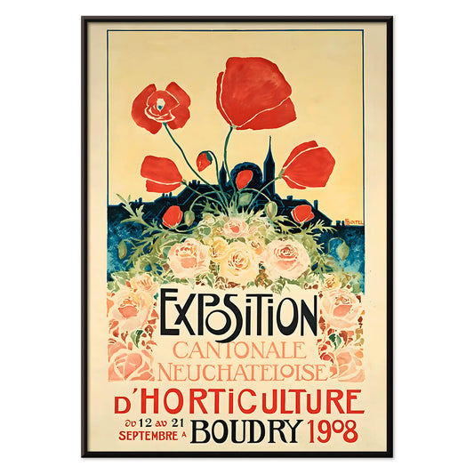 Colorful floral poster with vibrant flowers and bold text for Exposition Cantonale Neuchateloise dhorticulture de Boudry by Edmond Boitel, with black aluminium frame on white background