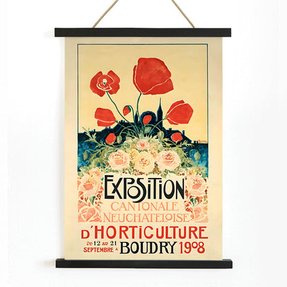 Colorful floral poster with vibrant flowers and bold text for Exposition Cantonale Neuchateloise dhorticulture de Boudry by Edmond Boitel, with wooden magnetic frame on white background