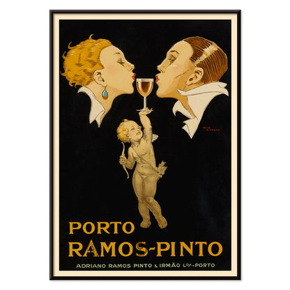 Porto Ramos-Pinto poster by Rene Vincent with two people about to kiss and a cherub holding a wine glass, with black aluminium frame on white background