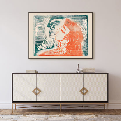 Head by Head by Edvard Munch poster showing man and woman kissing with expressive faces and abstract lines artwork, framed and displayed in home decor