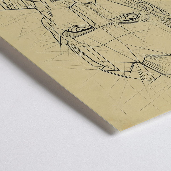Closeup detail of Line drawing and poster of a mans face by Karl Wiener titled Porträt featuring geometric angular portrait details