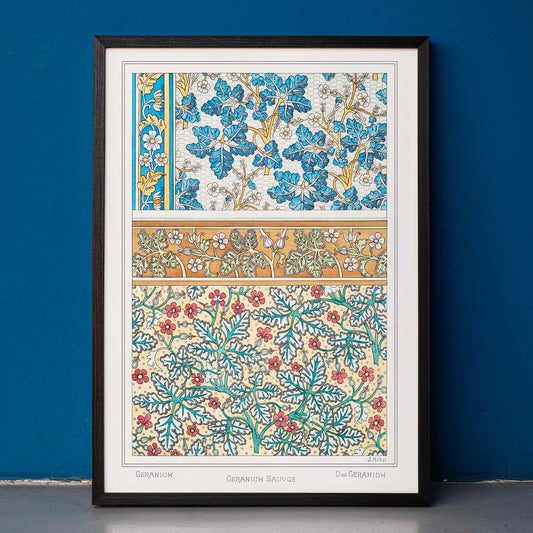 Decorative wild geranium botanical artwork and floral pattern poster by Maurice Pillard Verneuil from La Plante et ses Applications ornementales, framed and displayed in home decor