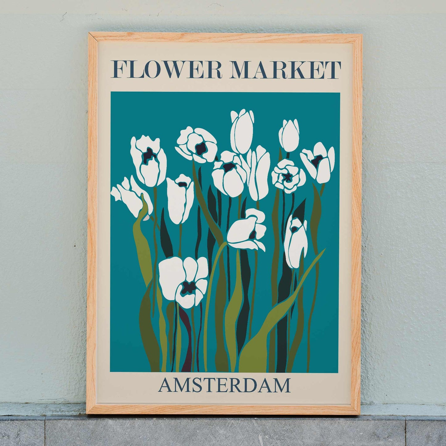 Flower Market Amsterdam artwork by Moryarty featuring white tulips with green stems on a teal and blue background, framed and displayed in home decor
