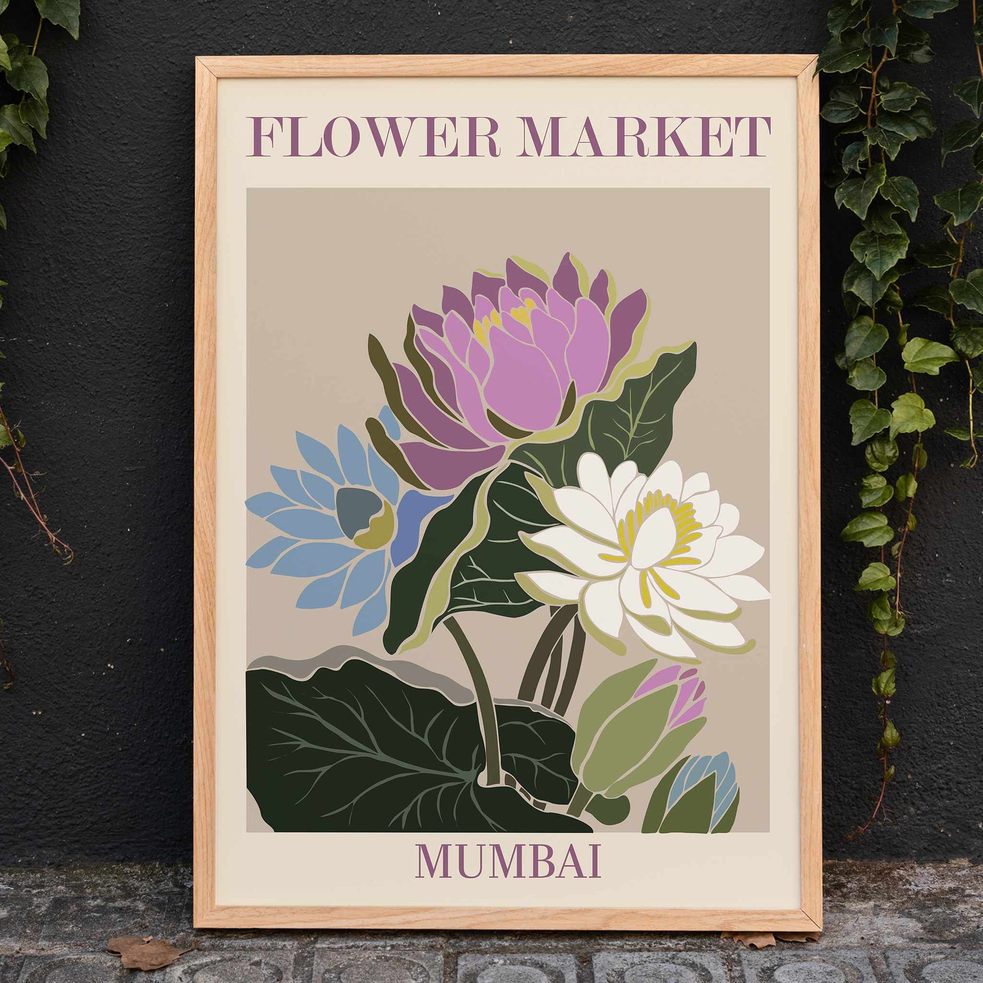 Colorful floral artwork poster Flower Market Mumbai by Moryarty featuring lotus blossoms and colorful flowers with green leaves on beige background, framed and displayed in home decor