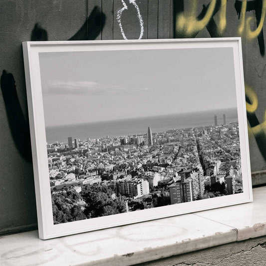Black and white cityscape photography artwork of Barcelona with sea by Gustav Klimt and Anonymous titled View of Barcelona, framed and displayed in home decor