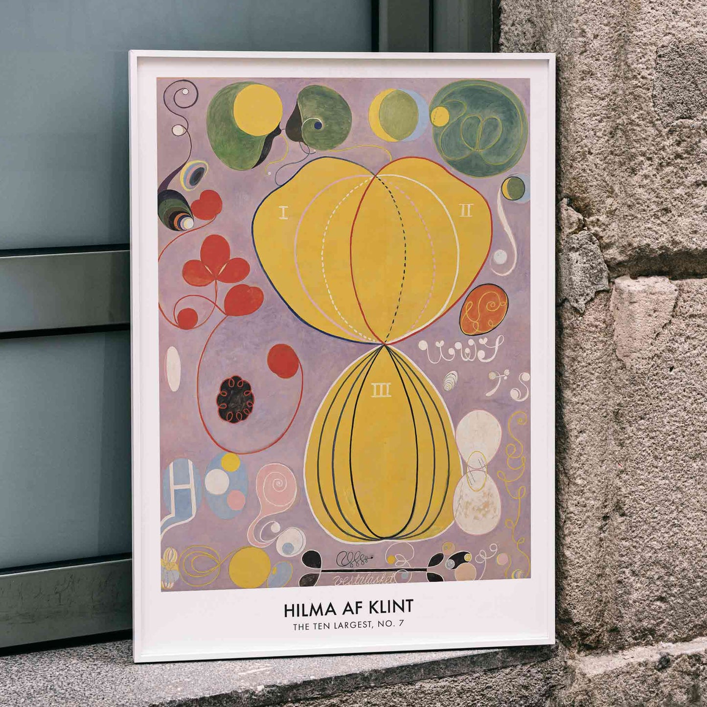 Abstract botanical shapes and vibrant colors poster from The Ten Largest No 7 by Hilma AF Klint, framed and displayed in home decor