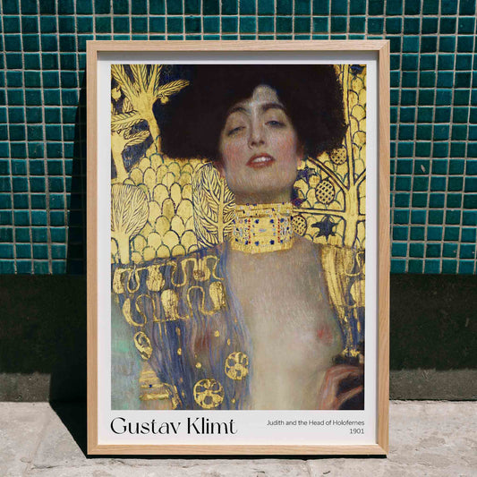 Judith and the Head of Holofernes by Gustav Klimt on ornate gold background art poster, framed and displayed in home decor