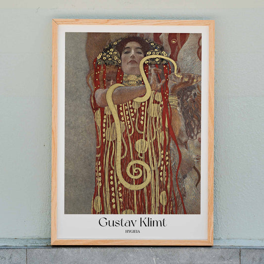 Hygieia by Gustav Klimt woman in ornate red and gold robe holding a snake art poster, framed and displayed in home decor