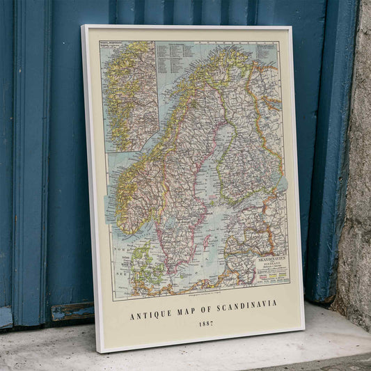 Vintage map of Scandinavia German antique wall art by Institute of Liepzig detailed geographic poster for home or office decor, framed and displayed in home decor