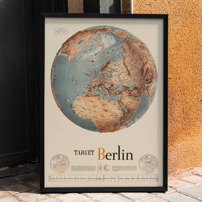 Vintage map illustration and poster of a globe centered on Europe and Africa with Target Berlin artwork Army Orientation Course by Manning FE, framed and displayed in home decor
