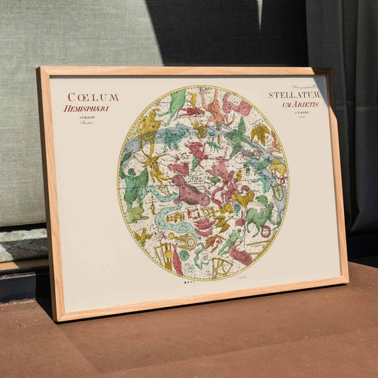 Celestial map poster Coelum Stellatum Hemisphaerium Arietis by Johann Elert Bode featuring colorful zodiac constellations illustration, framed and displayed in home decor