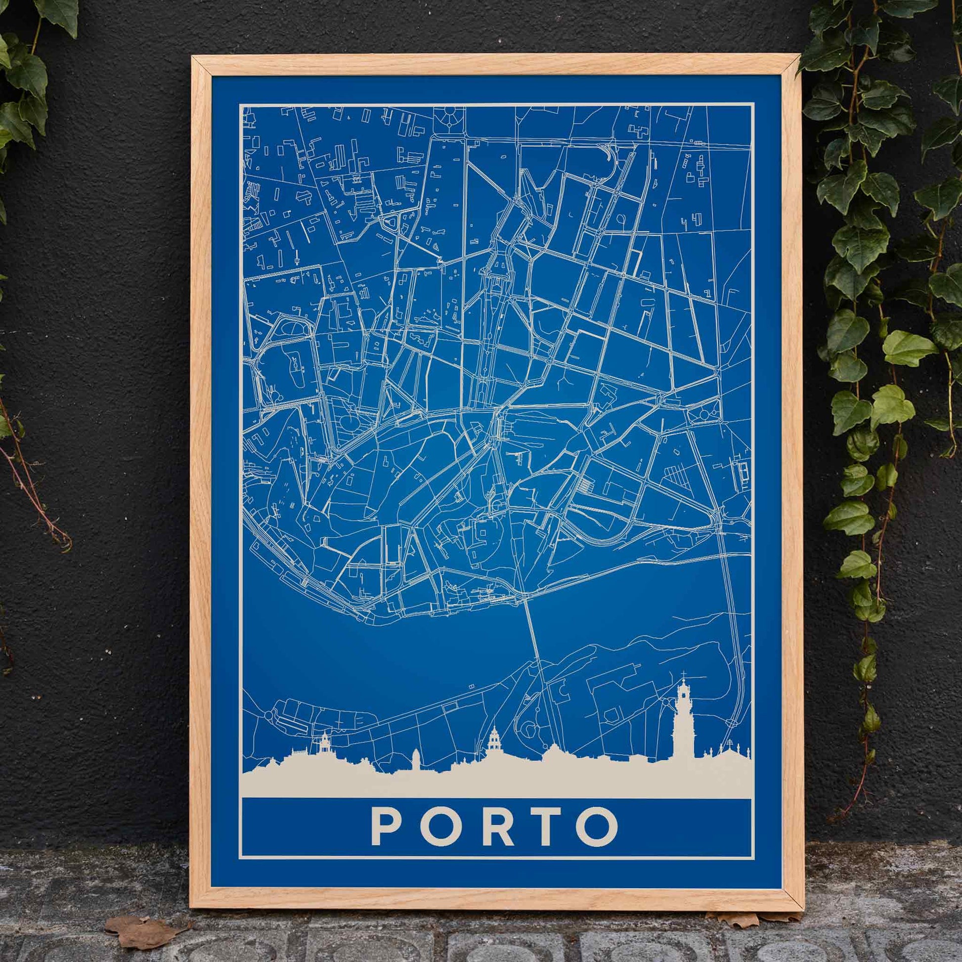 Minimalist blue map of Porto framed poster with white lines modern wall art, framed and displayed in home decor