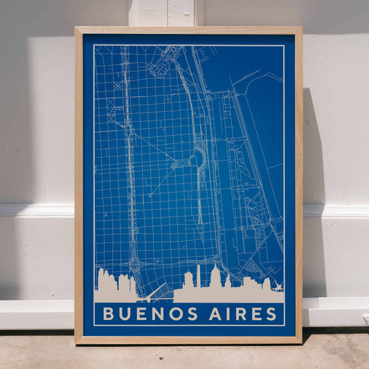 Minimalist Buenos Aires Map wall art poster featuring city streets and landmarks by Minimalist artist, framed and displayed in home decor