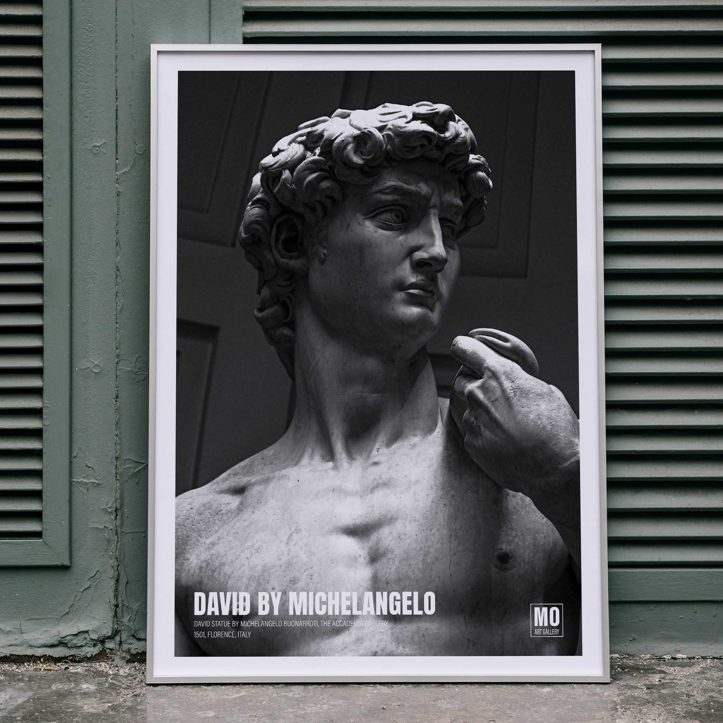 David by Michelangelo Buonarroti classic sculpture and grayscale poster from Mo Art Gallery Florence, framed and displayed in home decor