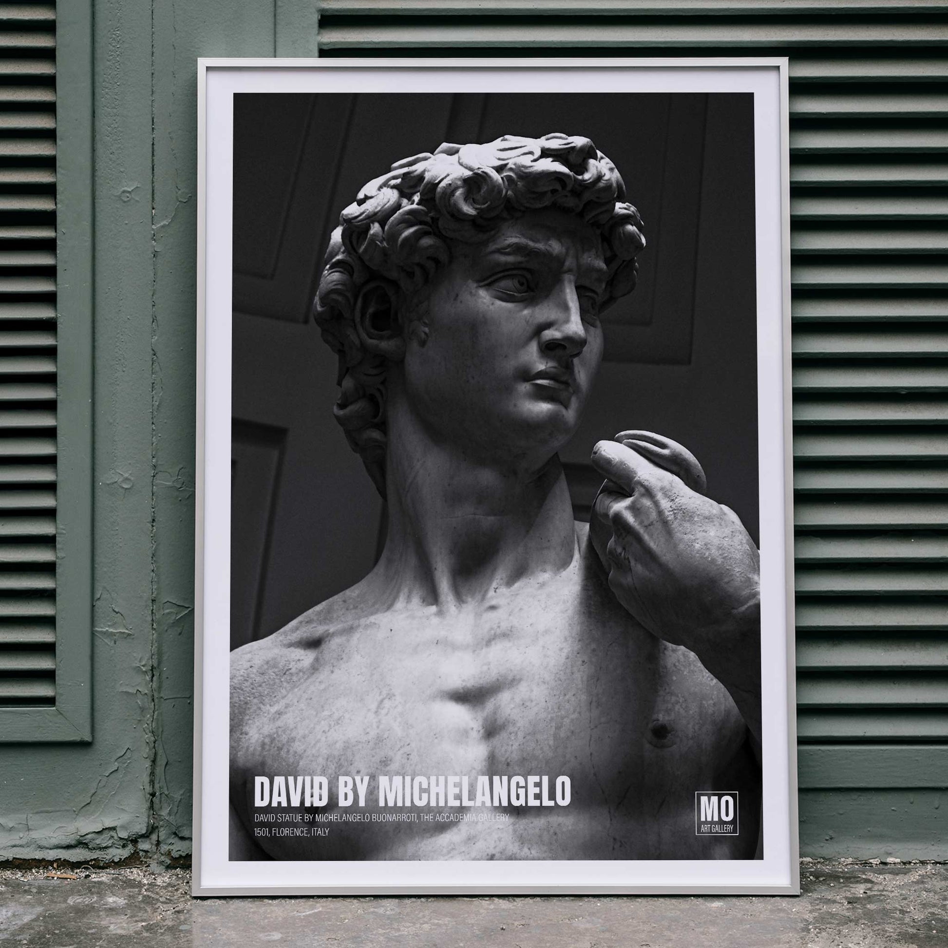 David by Michelangelo Buonarroti classic sculpture and grayscale poster from Mo Art Gallery Florence, framed and displayed in home decor