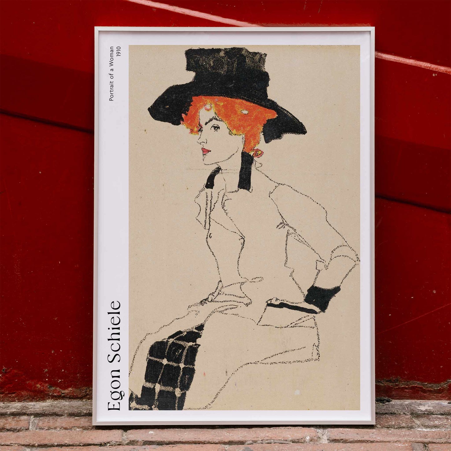 Portrait Of A Woman by Egon Schiele featuring an elegant woman with red or orange hair and a black hat poster, framed and displayed in home decor