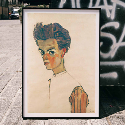 Colorful expressionist self-portrait painting of a young man in a striped shirt by Egon Schiele titled Self-Portrait with Striped Shirt poster, framed and displayed in home decor