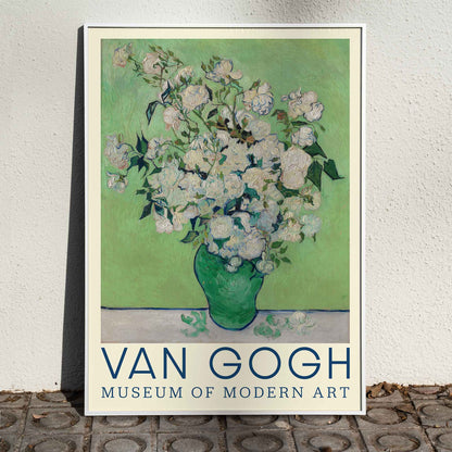 Roses by Vincent van Gogh bouquet of white roses in green vase soft green background Museum of Modern Art painting poster, framed and displayed in home decor