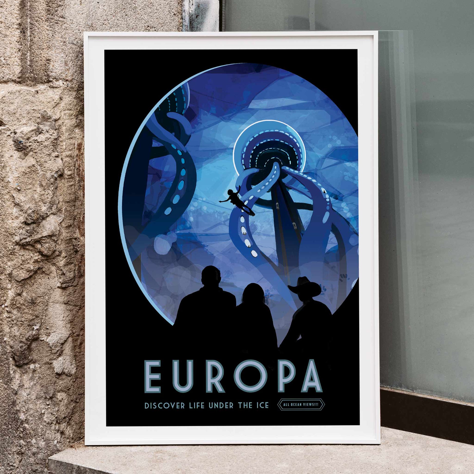 Futuristic underwater scene on Europa with giant tentacled creatures diver and people observing life under the ice by NASA, framed and displayed in home decor
