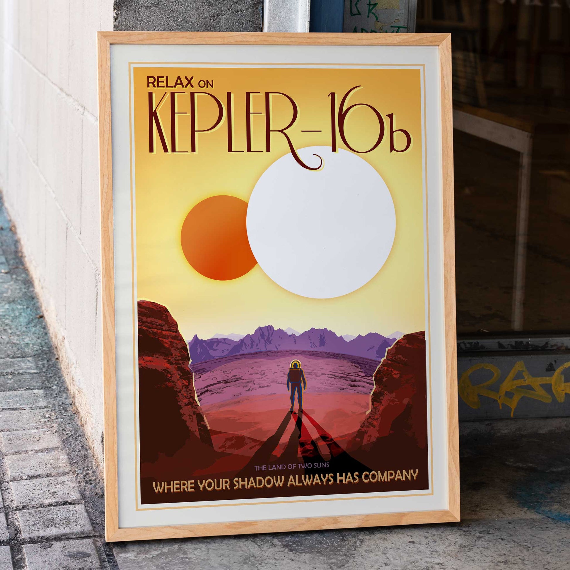 Astronaut on rocky alien landscape with twin suns in the sky Relax on Kepler-16b NASA space poster, framed and displayed in home decor