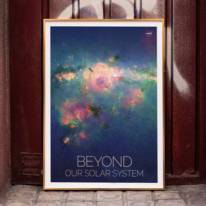 Vibrant nebula poster Beyond Our Solar System by NASA with galaxy background and text, framed and displayed in home decor